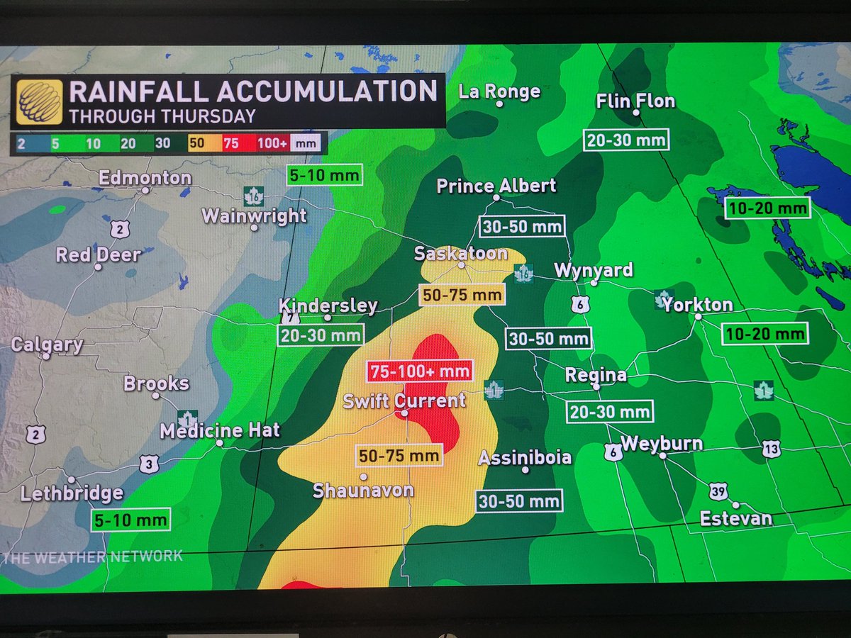 MurphTWN's tweet photo. Where the bulk of this week's rainfall will occur. Further east than last week, so #yyc should be off the hook, while #yxe &amp; #yyn could get some of the heaviest rain. Timeline here is Tuesday evening to Thursday. Full details @weathernetwork https://t.co/q09AgvOz8C