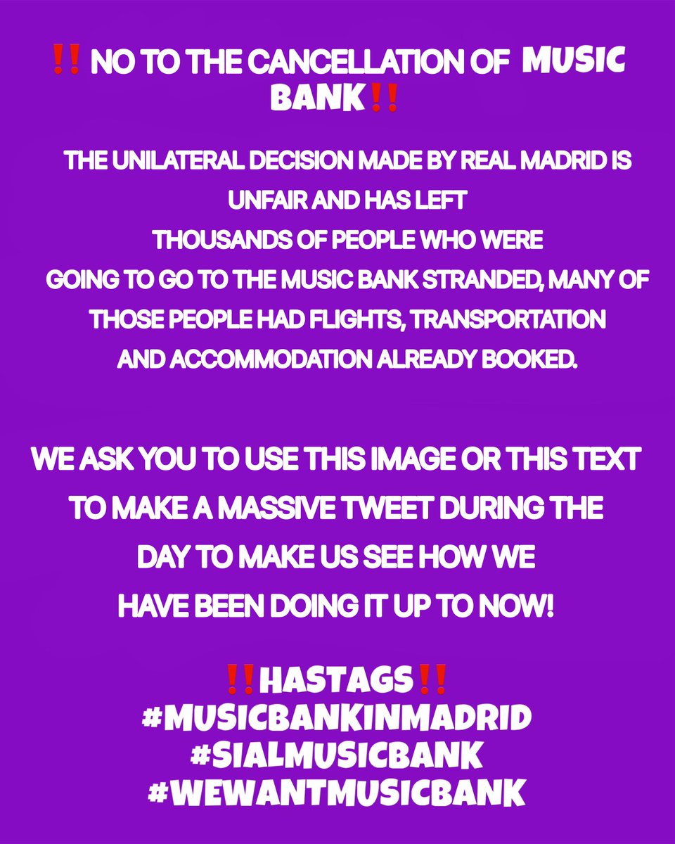 dream_fangirlx's tweet photo. NO A LA CANCELACIÓN DEL MUSIC BANK! ES UN EVENTO INTERNACIONAL DESDE COREA DEL SUR EN EL CUAL ESTAN INVOLUCRADOS 8 GRUPOS DE EMPRESAS DISTINTAS CON AGENDAS APRETADAS! ES IMPOSIBLE APLAZARLO. 

#MUSICBANK #MUSICBANKINMADRID 
#WEWANTMUSICBANK #SIALMUSICBANK #SAVEMUSICBANK https://t.co/DoJQvzjnAY