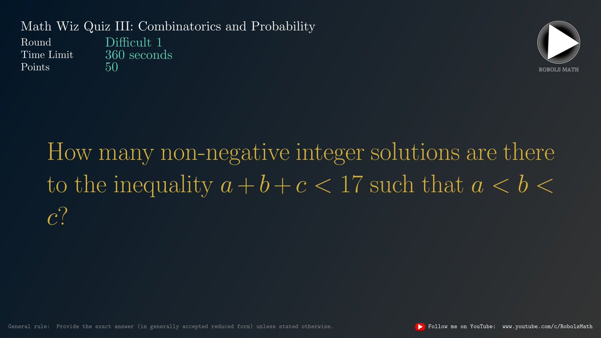 robolsmath's tweet image. Math Wiz Quiz III: Combinatorics and Probability
Difficult of 8
#Math #Combinatorics #Probability #Statistics
