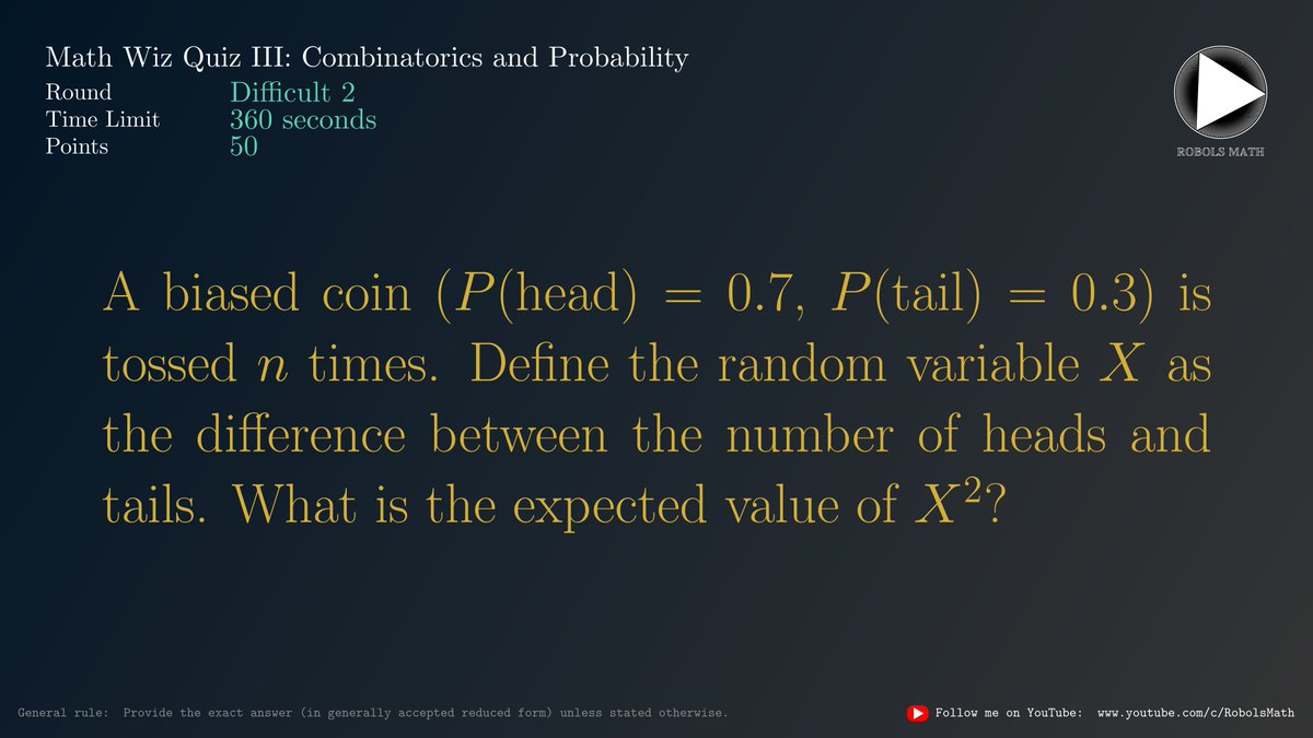 robolsmath's tweet image. Math Wiz Quiz III: Combinatorics and Probability
Difficult 2 of 8
#Math #Combinatorics #Probability #Statistics
