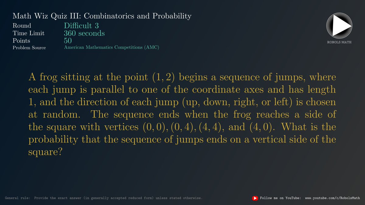 robolsmath's tweet image. Math Wiz Quiz III: Combinatorics and Probability
Difficult 3 of 8
#Math #Combinatorics #Probability #Statistics