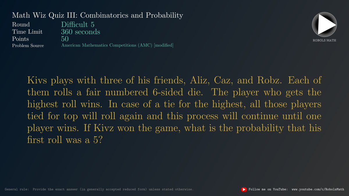 robolsmath's tweet image. Math Wiz Quiz III: Combinatorics and Probability
Difficult 5 of 8
#Math #Combinatorics #Probability #Statistics