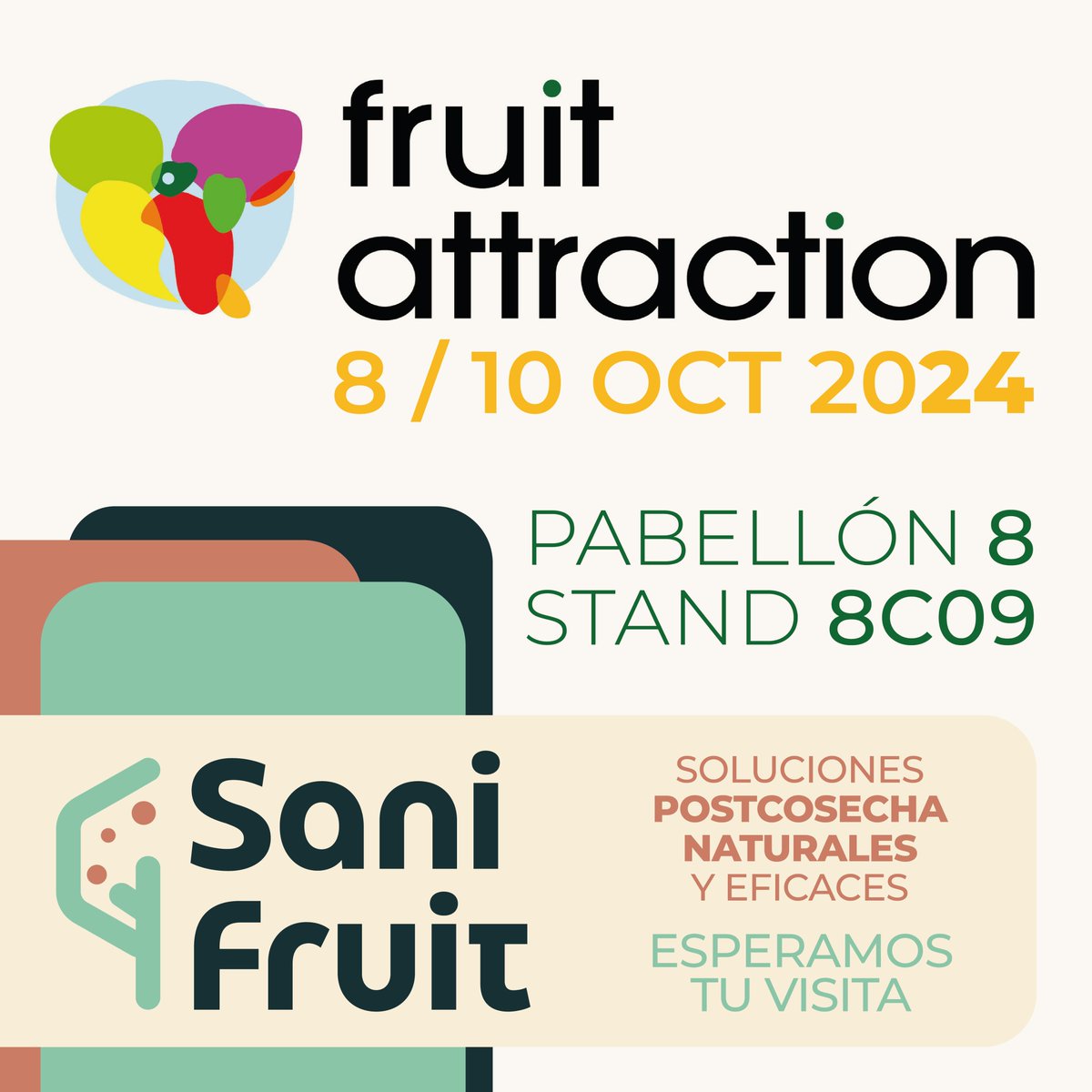 📣 Estamos muy contentos de poder anunciar que Sanifruit estaremos un año más en <a href="/FruitAttraction/">Fruit Attraction</a> 🍊 Y de nuevo con novedades que compartir con vosotros  Estaremos ubicados en el ➡️ pabellón 8, stand 8C09 ⬅️ de IFEMA. ¡Os esperamos! ℹ️  sge.st/_FYzXIX  #FruitAttraction24