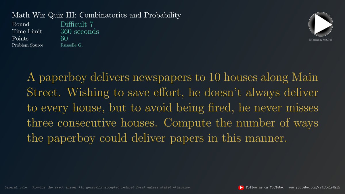 robolsmath's tweet image. Math Wiz Quiz III: Combinatorics and Probability
Difficult 8 of 8
#Math #Combinatorics #Probability #Statistics