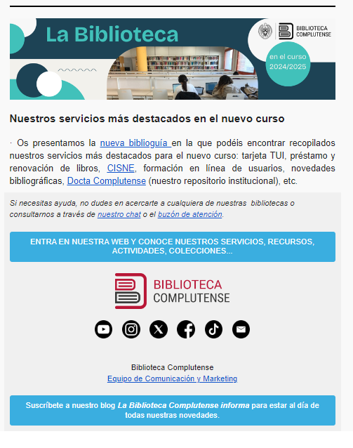 Nueva Biblioguía: biblioguias.ucm.es/biblioteca-cur…
Catálogo Cisne: ucm.on.worldcat.org/discovery
Docta Complutense: docta.ucm.es/home