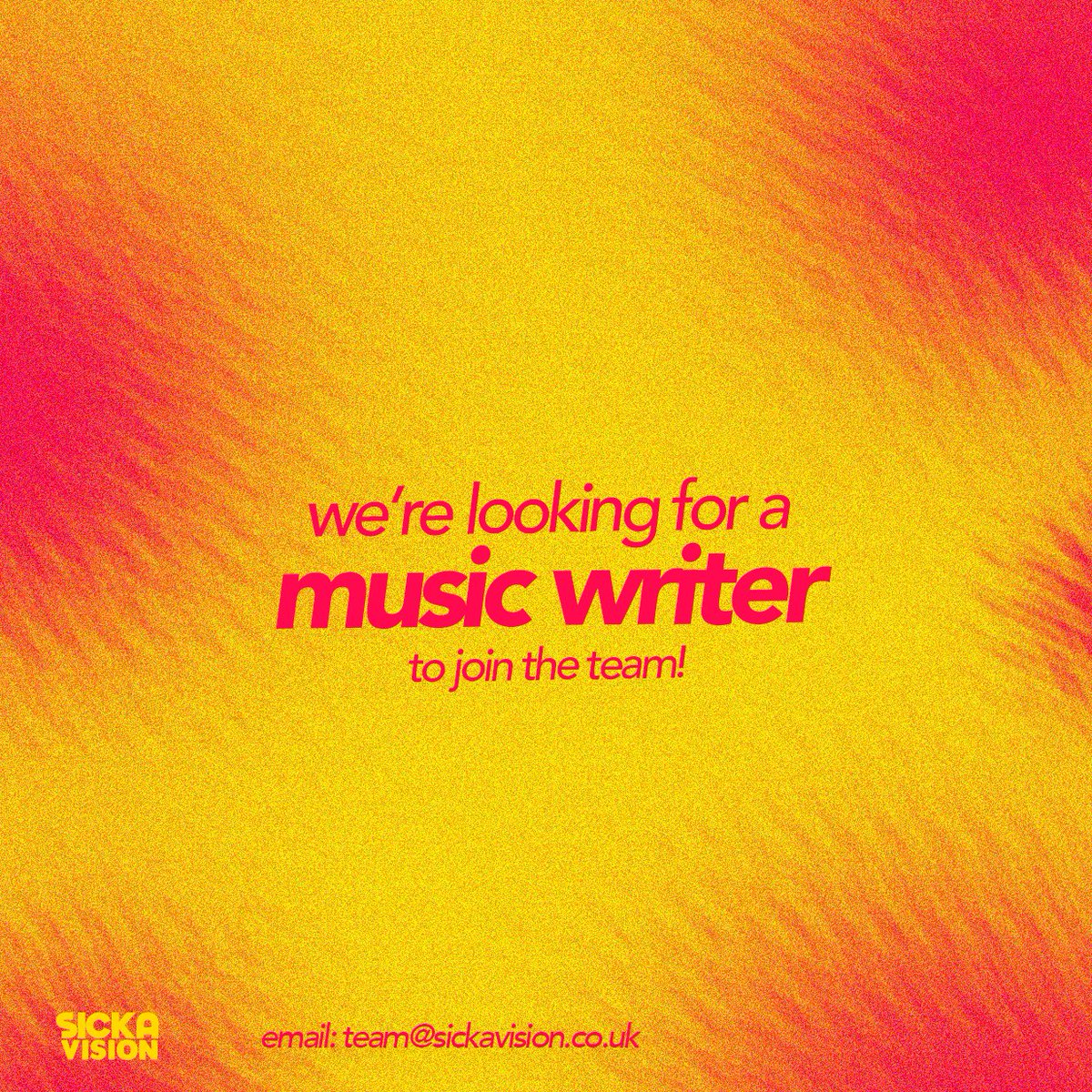 Want to join the team? We're looking for:

🔊 Fans of UK Rap, Afrobeats, Dancehall, &amp; Soca Music
✏️ Confident writers from African/Caribbean backgrounds
🔎 Someone keen to gain experience with a digital platform
📍 UK based, 21+

Share links to your work to team@sickavision.co.uk