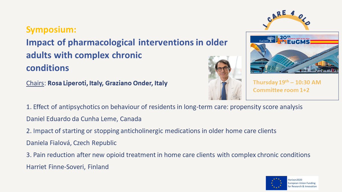 Looking fwd to discuss our <a href="/ICare4old_H2020/">I-CARE4OLD</a> project results <a href="/EuGMSSociety/">EuGMS - European Geriatric Medicine Society</a>'s 20th Congress in Valencia, w/ a symposium on the impact of pharmacological interventions in older adults with ccc, chaired by @GrazianoOnder  #eugms2024