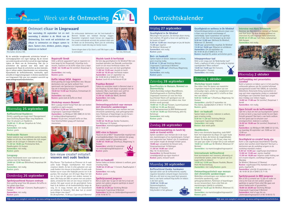 Binnenkort start de Week van de Ontmoeting! <a href="/SWLingewaard/">SWLingewaard</a> en <a href="/LingewaardGem/">Gemeente Lingewaard</a> publiceren daarom bijgaande kalender, vol met activiteiten voor inwoners, met speciale dank aan alle samenwerkingspartners + vrijwilligers die dit mogelijk maken #weektegeneenzaamheid #eentegeneenzaamheid