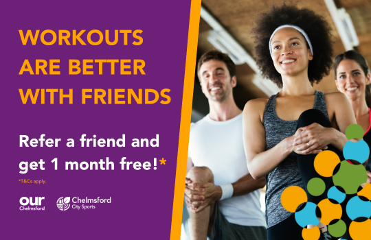 Carve out a new fitness routine &amp; bring a friend along too! Inspire each other as you take on something you haven’t tried yet.
Refer a friend on a monthly membership, get 1 month completely free!* 
Visit Chelmsford.gov.uk/referafriend
*T&amp;Cs apply 
#Active #referafriend #gymlife