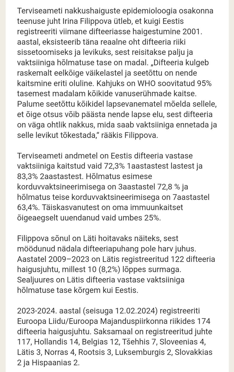 Ei tee Eestis "Tõde ja õigust"!
Minge vaktsineerima, kes pole 10a jooksul seda teinud (digiloo immuniseerimispassist saad kontrollida). Kindlasti vaktsineerige oma lapsed, palun! Ilma vaktsiinita on ohtlik.
Perearstikeskustes on see vaktsiin tasuta.