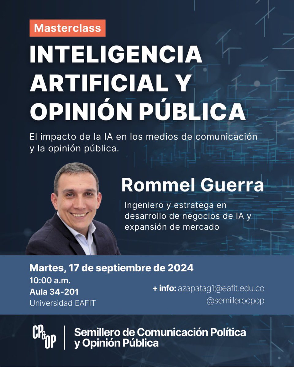 Nicolás Molina-Arroyave (@nm_darthstark) on Twitter photo Les esperamos a las 10 am en nuestro primer evento del Semillero de Comunicación Política y Opinión Pública de <a href="/EAFIT/">Universidad EAFIT</a>
Empezamos con una discusión de vigencia absoluta sobre el uso de las IAs y su impacto en los medios, campañas y otros.
Allá nos vemos 😁 Les esperamos a las 10 am en nuestro primer evento del Semillero de Comunicación Política y Opinión Pública de <a href="/EAFIT/">Universidad EAFIT</a>
Empezamos con una discusión de vigencia absoluta sobre el uso de las IAs y su impacto en los medios, campañas y otros.
Allá nos vemos 😁