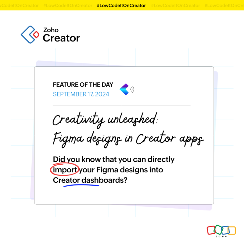 ZohoCreator's tweet photo. Unleash your creativity! Directly import your Figma designs into Creator dashboards.
Sign up for a free trial today! π https://t.co/GUZ4lLxQvO
#LowCodeItOnCreator