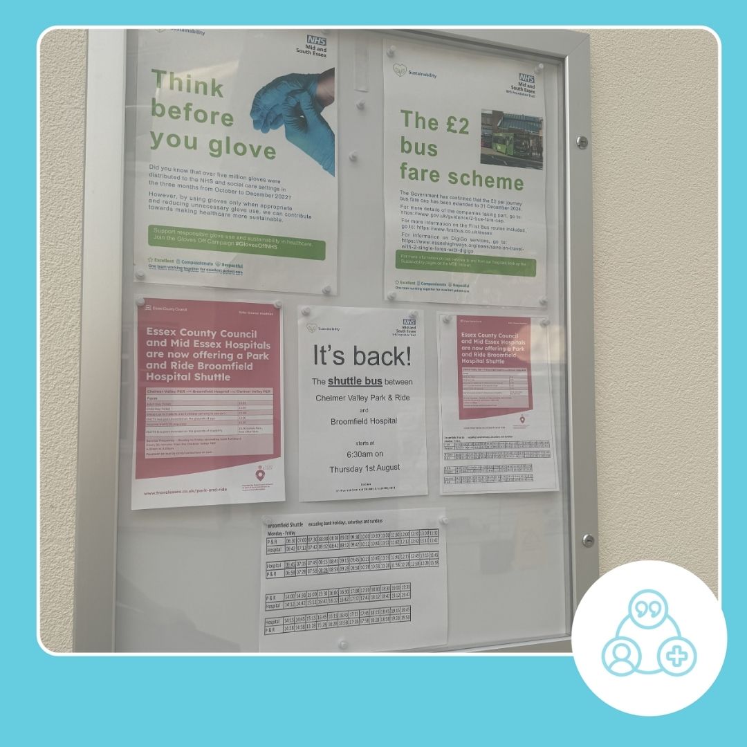 Just a reminder our shuttle service between Chelmsford Valley Park and Ride and Broomfield Hospital is now back! You will find further information on our display board in the main atrium at Broomfield hospital. #PatientExperience