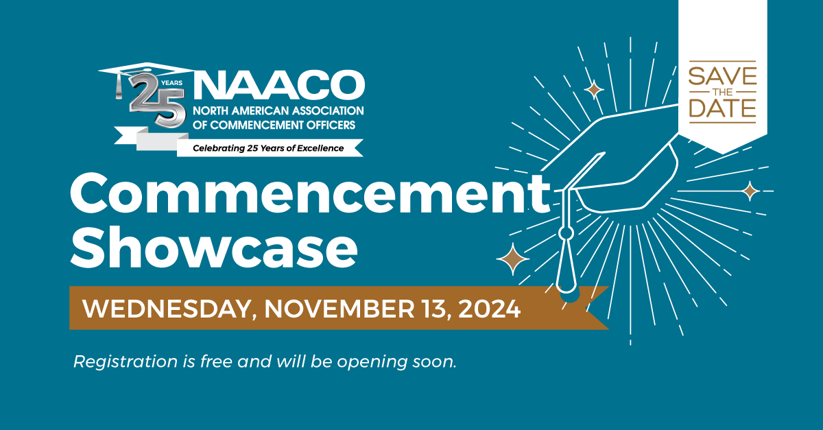 NAACOTweets's tweet photo. Save The Date for the Fall Commencement Showcase on Wednesday, November 13, 2024!
You will receive updates from NAACO sponsors, who will present new ideas and products to enhance your commencement ceremony. Registration is free and will be opening soon. https://t.co/V8MEvdtVUy