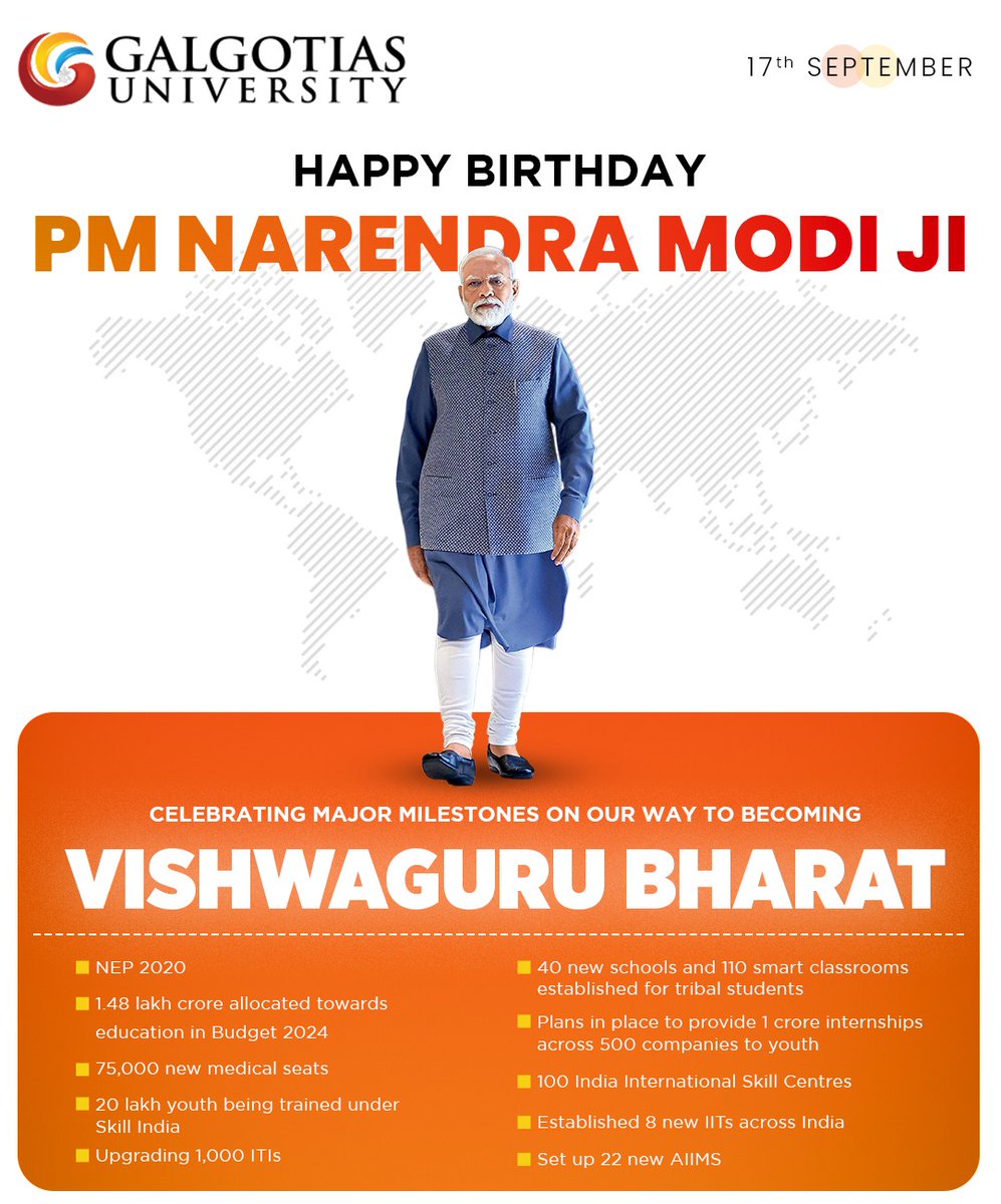 Galgotias University wishes a very Happy Birthday to our Honorable Prime Minister, Shri Narendra Modi Ji!

Under your visionary leadership, India has embarked on a path of transformation, scaling new heights in innovation, economic growth, and global influence. Your steadfast
