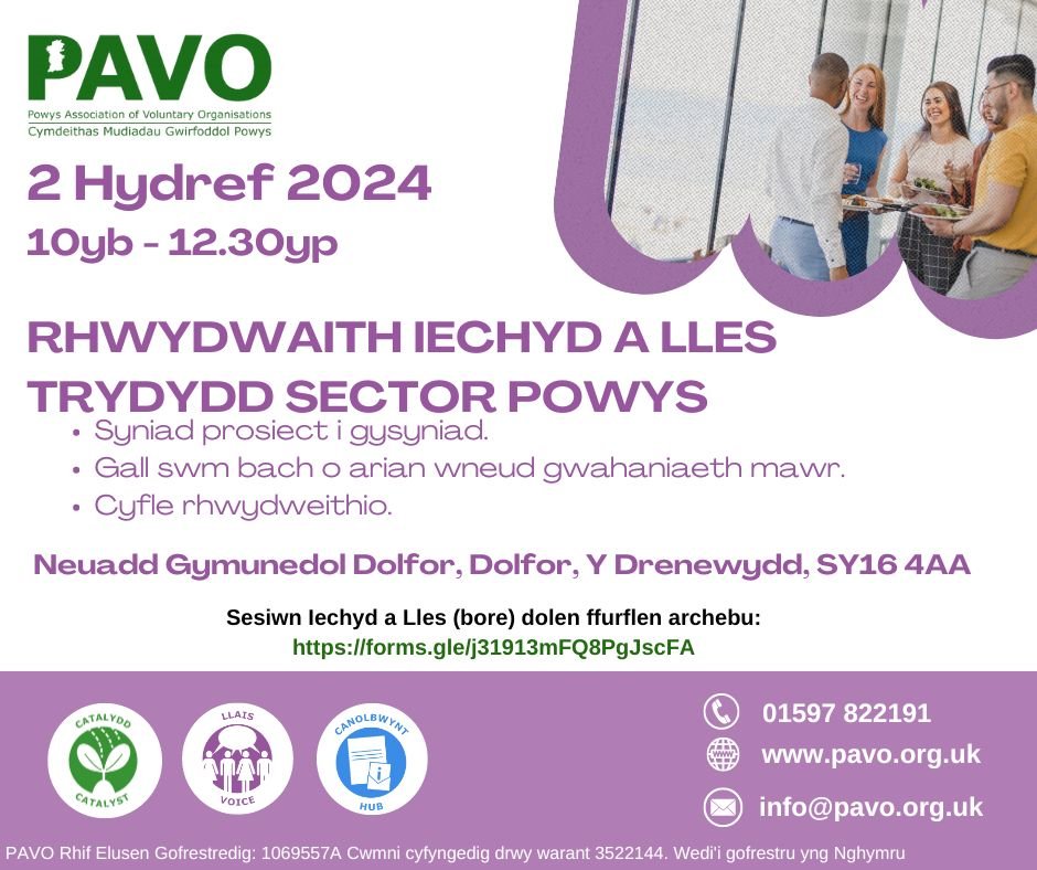 PowysConnectors's tweet image. Ymunwch â ni ar gyfer cyfarfod nesaf Rhwydwaith Iechyd a Lles Trydydd Sector Powys / Join us for the next Powys Third Sector Health &amp;amp; Well-being Network meeting.
Archebwch eich lle / Reserve your place
forms.gle/HsodaVjC7w62q2…