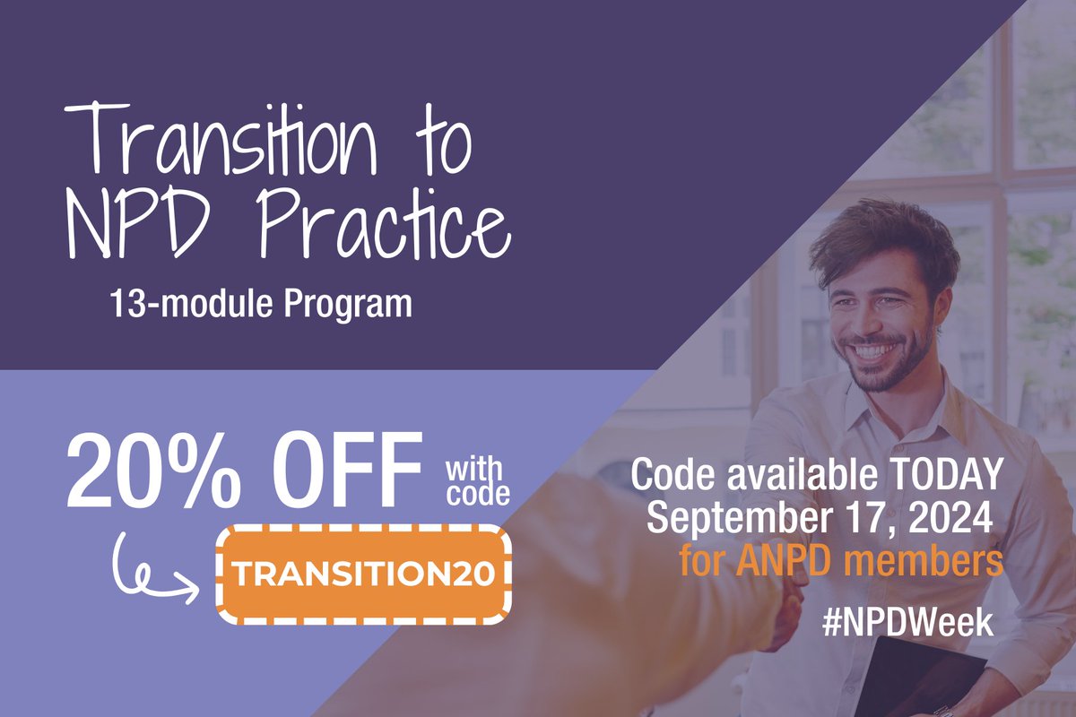 For today's #NPDWeek ✨ flash sale ✨, we are offering a 20% discount on the Transition to NPD Practice. Use code TRANSITION20 at checkout to redeem. bit.ly/47rEcEE

Discount valid for today only, September 17, 2024.