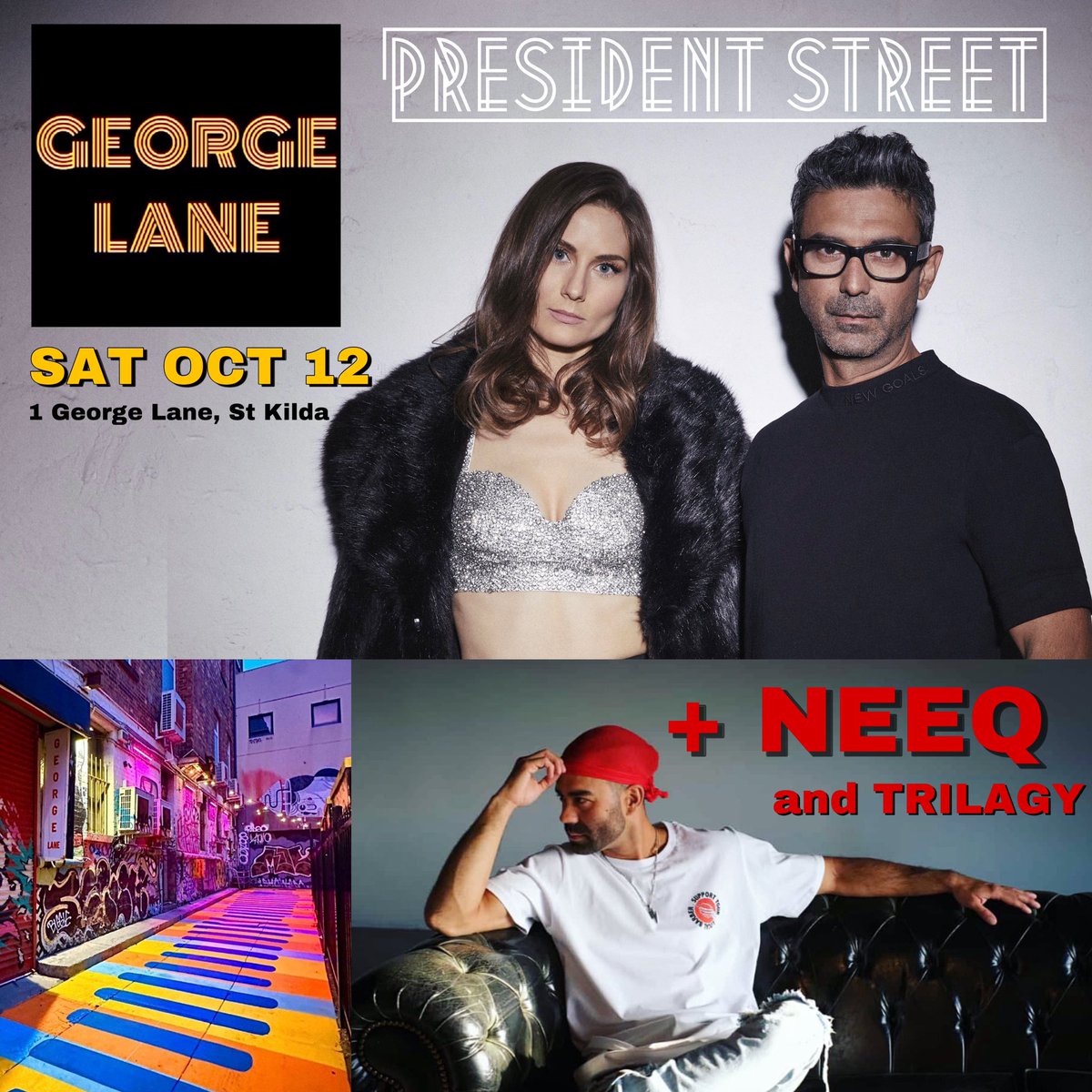 Hey #Melbourne, free Sat Oct 12? Like pop music? We are ABSOLUTELY thrilled to announce that we will be performing at George Lane, St Kilda for our headline show!

With support from the uber-talented <a href="/1NeeQ1/">NeeQ</a> 

Tickets: trybooking.com/events/landing… 🎟✨

#presidentstreet #livemusic