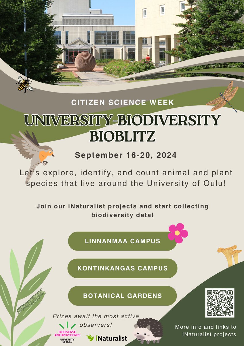 Wildlife Genomics (@wildlifegenuoo) on Twitter photo #CitizenScience 🌿🌸🐾
Participate in #biodiversity data collection <a href="/UniOulu/">University of Oulu</a> campuses and Botanical Garden via our #iNaturalist projects and win prizes!
🐇Linnanmaa: inaturalist.org/projects/biodi…
🌲Kontinkangas: inaturalist.org/projects/biodi…
🐦Botanical Garden: inaturalist.org/projects/biodi… #CitizenScience 🌿🌸🐾
Participate in #biodiversity data collection <a href="/UniOulu/">University of Oulu</a> campuses and Botanical Garden via our #iNaturalist projects and win prizes!
🐇Linnanmaa: inaturalist.org/projects/biodi…
🌲Kontinkangas: inaturalist.org/projects/biodi…
🐦Botanical Garden: inaturalist.org/projects/biodi…