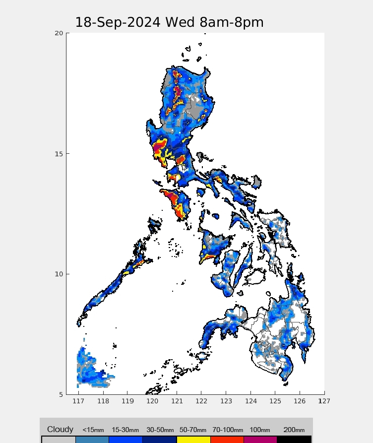 Weather_Manila's tweet image. (20240917pm) #GenerPH some rains tonight in SW Luz and more for Mindoro. Tomorrow, rains especially towards the afternoon (maybe...).  For Wed. night-Thu morning, though rainy, projection is a little uncertain and will likely change in the next updates