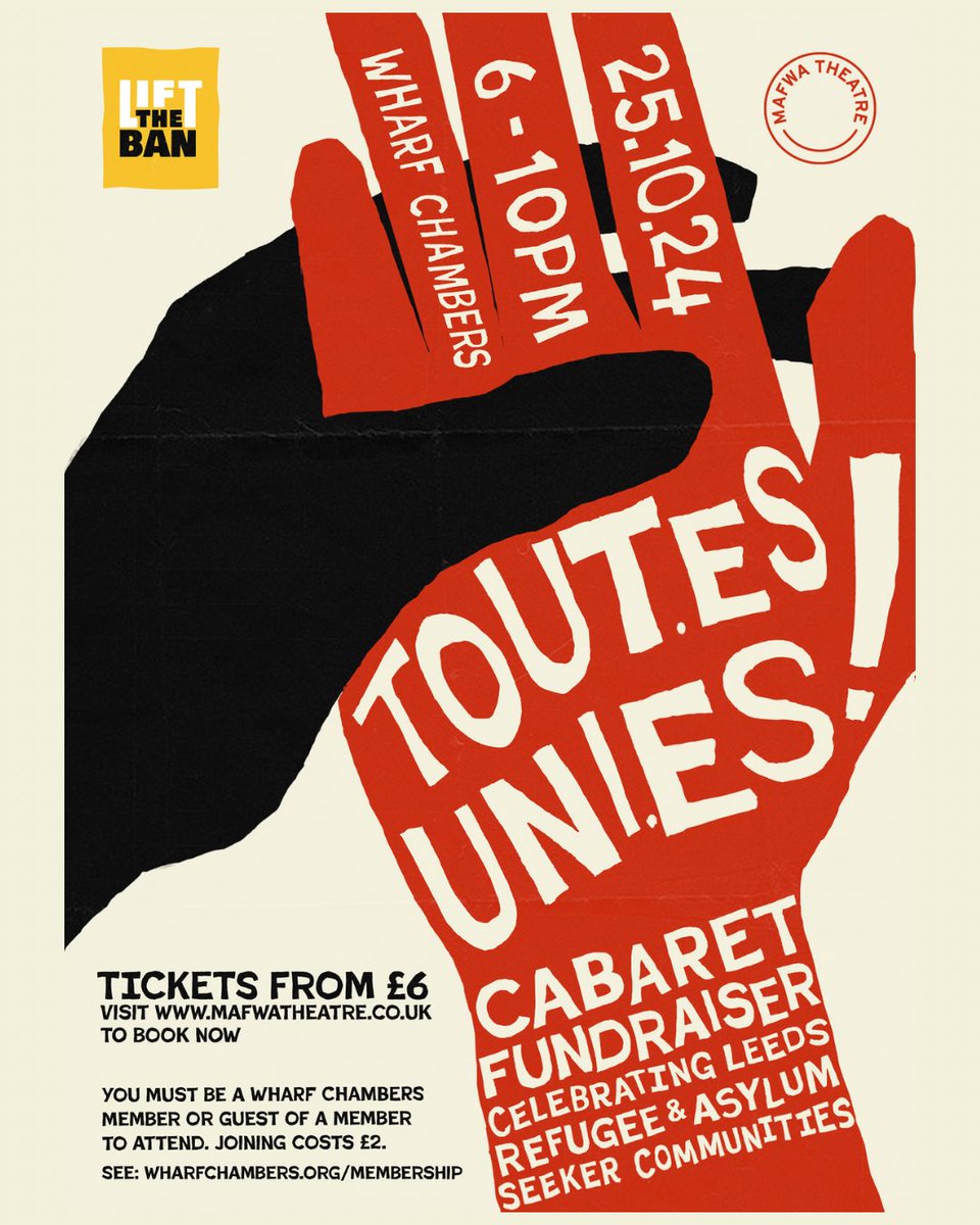 mafwatheatre.bsky.social (@mafwatheatre) on Twitter photo 🎉 We’re throwing a party!
Join us on 25 Oct, 6-10pm at <a href="/WharfChambersCC/">Wharf Chambers</a> for Tout.es Uni.es! a cabaret fundraiser
celebrating Leeds' refugee & asylum seeker communities 🎶
Expect performances, music, games, food, solidarity & more! Line up tbc 🎉 We’re throwing a party!
Join us on 25 Oct, 6-10pm at <a href="/WharfChambersCC/">Wharf Chambers</a> for Tout.es Uni.es! a cabaret fundraiser
celebrating Leeds' refugee & asylum seeker communities 🎶
Expect performances, music, games, food, solidarity & more! Line up tbc