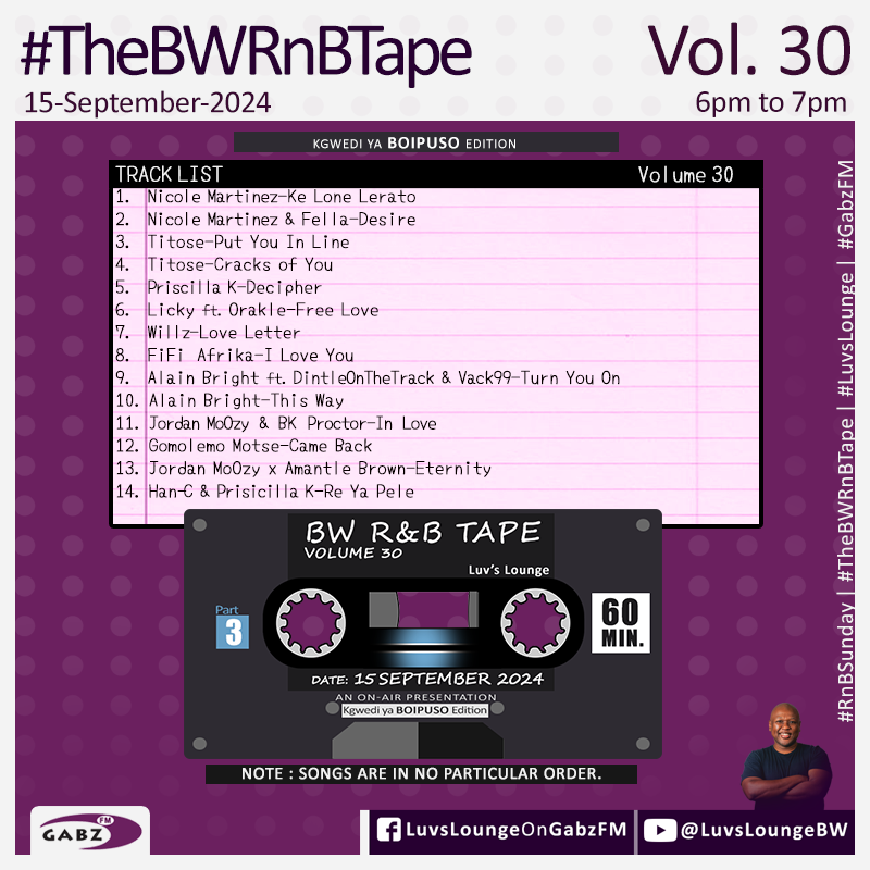 #LuvsLounge 🇧🇼 #TheBWRnBTape Vol. 30
Part 3 
 
<a href="/nicolemartinezw/">Nicole Martinez BW</a>   
<a href="/FellaOnTheBeat/">hardestworking.</a>  
<a href="/titose_official/">Titose</a> 
<a href="/priscilla_500/">Priscilla K.</a> <a href="/LickysEscape/">Licky's Escape</a> 
<a href="/LICKYbw/">LICKYbw</a>  
Willz 
<a href="/AfrikaFifi/">FiFi Afrika 🇧🇼</a>   
<a href="/bright_alain/">Alain Bright</a>
<a href="/jordanmoozy/">Jordan Moozy</a>   
<a href="/iamBkProctor/">Bk Proctor</a>  
<a href="/gomolemo_motse/">Gomolemo Motse</a>
<a href="/amantlebrown/">#SEDiDi</a> 
<a href="/hanc_world/">Han-C</a>  

<a href="/Gabz_FM/">Gabz-FM</a>