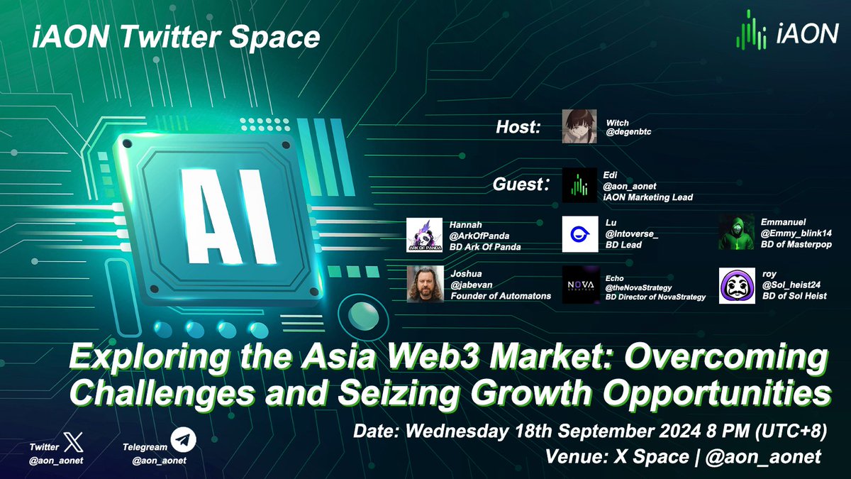 📣 Let's join the X Space together!

🎙Topic: Exploring the Asia Web3 Market: Overcoming Challenges and Seizing Growth Opportunities!

🗓 Date time: Wednesday 18th September 2024 12PM (UTC)
🗣Space link: x.com/i/spaces/1BRKj…
🔉language: English

🗣Host: <a href="/degenbtcf/">witch</a> 

🎙Guest: