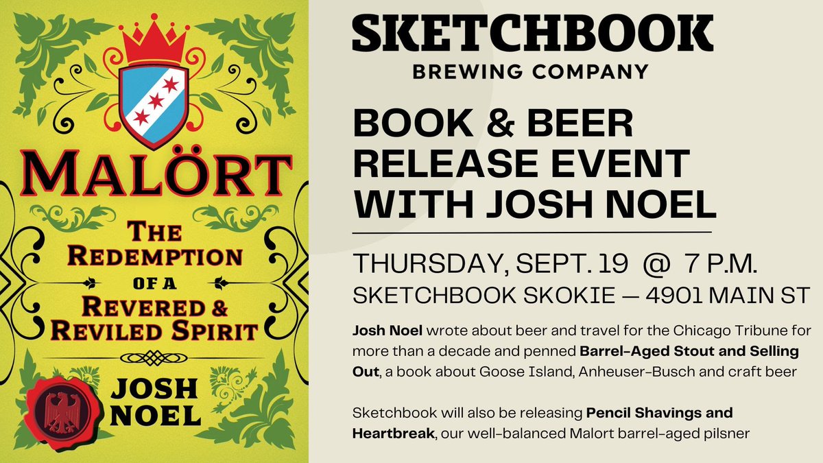 Happening at <a href="/Sketchbookbrew/">Sketchbook Brewing</a> this Thursday...

Visit with <a href="/hopnotes/">Josh Noel</a>, get his take on the infamous Chicago drink everyone loves to hate as documented in his latest book, and snag a first taste of the brewery's Malört barrel-aged pilsner, Pencil Shavings and Heartbreak ✏️❤️‍🩹🍺📕