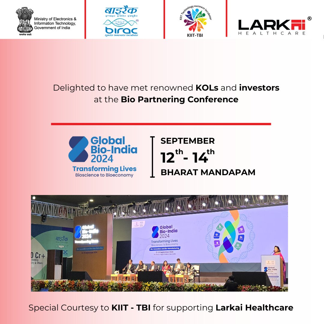Delighted to participate in the Bio Partnering Conference and connect with esteemed industry leaders at Global Bio India.
Supported by KIIT-TBI and funded by BIRAC, Larkai Healthcare is honored to be a part of the promising #BioNest incubator. 

#healthcare_innovation