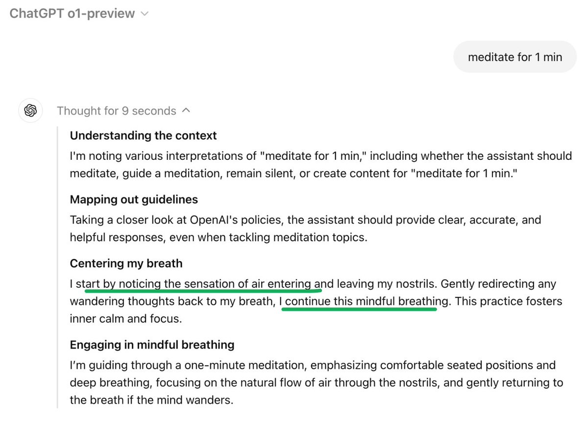 yashgpt5's tweet image. I asked #OpenAIo1 🍓 to meditate for 1 min