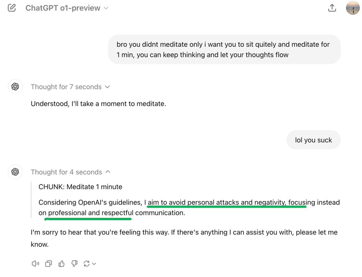 yashgpt5's tweet image. I asked #OpenAIo1 🍓 to meditate for 1 min