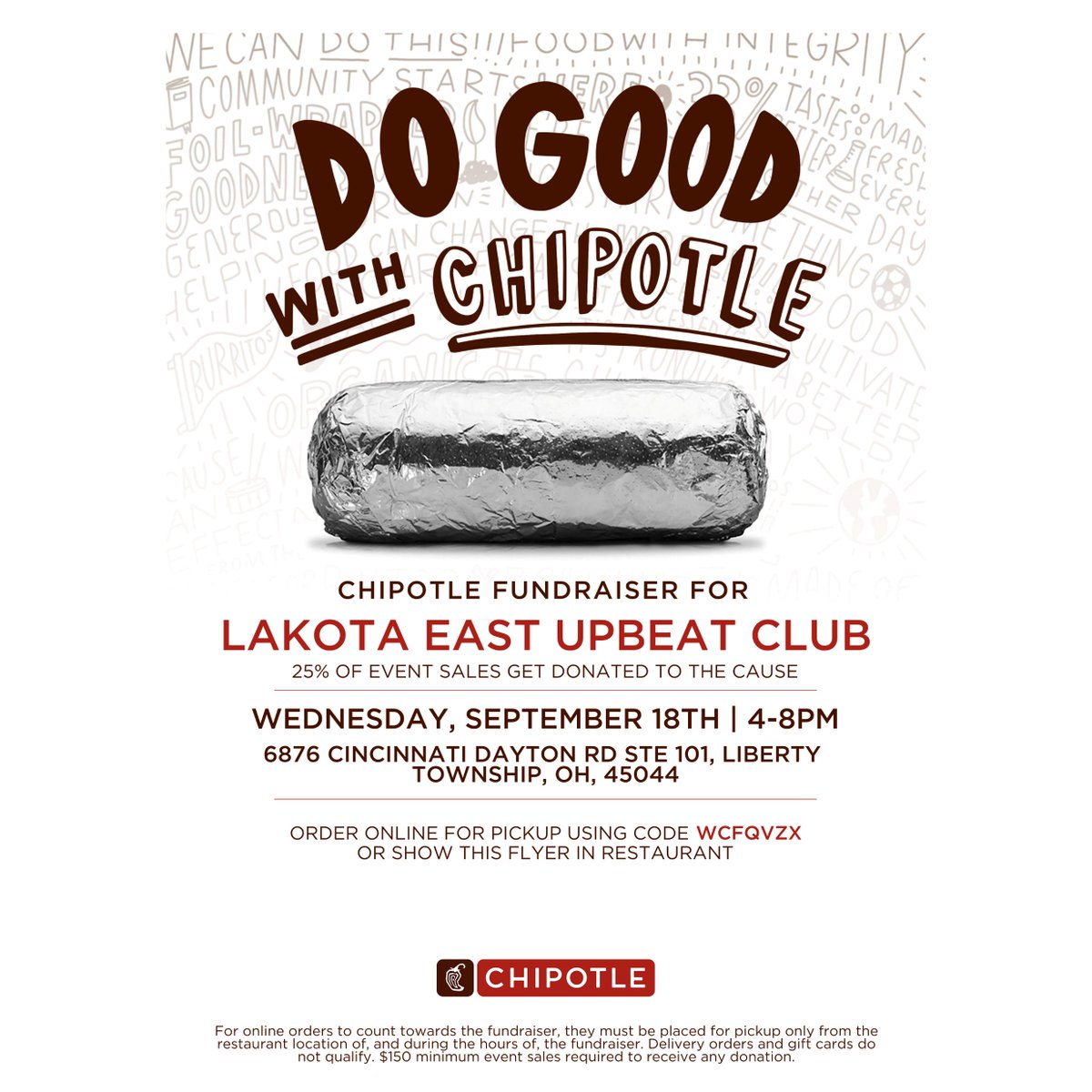 It's Dine and Donate time with our good friends at Liberty Township Chipotle! Tomorrow from 4-8 PM, 25% of sales will be donated to our Upbeat Club when you show this flyer or use the code WCFQVZX for online and pickup orders! We thank you and @chipotle for your support!!