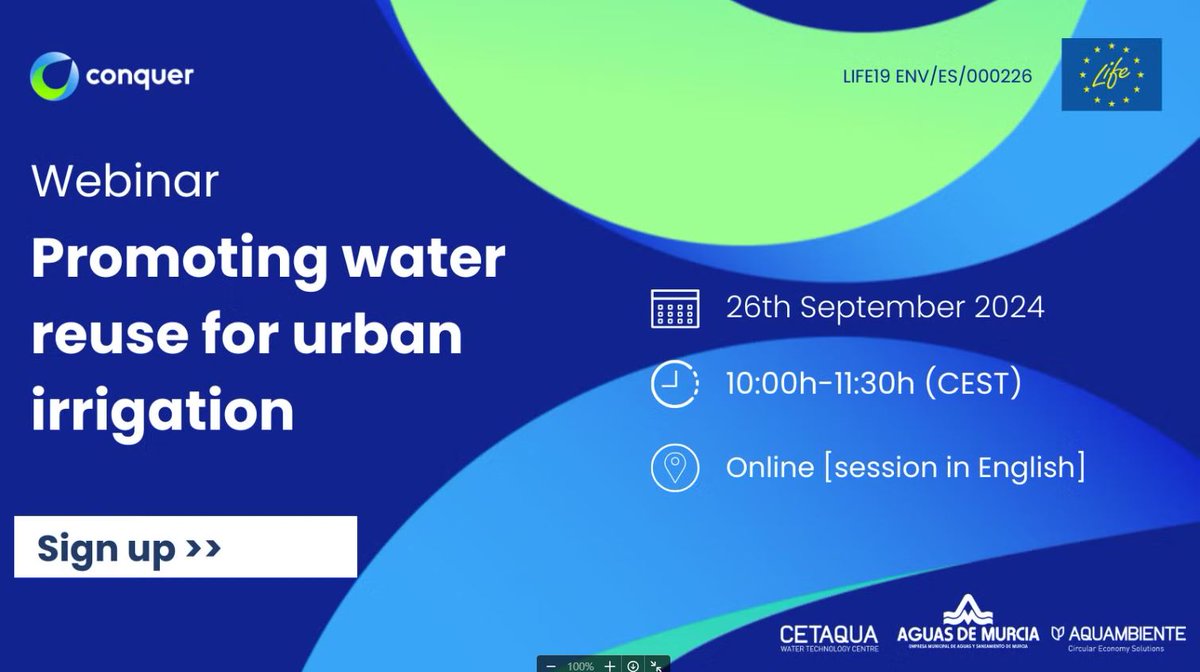 CETAQUA's tweet photo. 📌SAVE THE DATE! | 26/9
Join us next week to discover #LIFEConquer, a project under the LIFE Programme that aims to develop an innovative system to reuse water for urban irrigation in Murcia 🌳
🕙26/9, 10h-11:30h
📍Online
👉Register: https://t.co/1D1alNuh3f https://t.co/zlVcnzw0rW