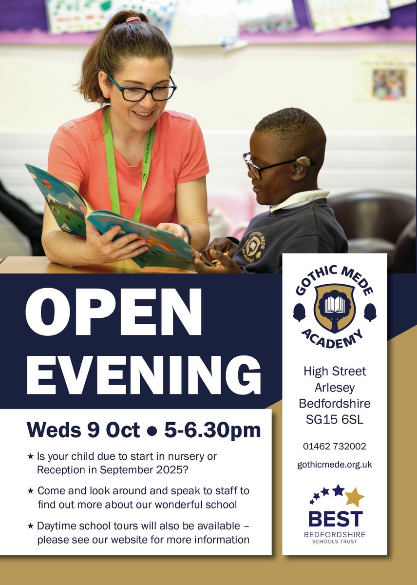Gothic Mede Academy (@gothicmede) on Twitter photo We are excited to invite you to our Open Evening on Wednesday 9th October.
Come and visit us and explore what makes Gothic Mede Academy a happy and nurturing environment for learning.
<a href="/BedsSchTrust/">Bedfordshire Schools Trust</a> We are excited to invite you to our Open Evening on Wednesday 9th October.
Come and visit us and explore what makes Gothic Mede Academy a happy and nurturing environment for learning.
<a href="/BedsSchTrust/">Bedfordshire Schools Trust</a>