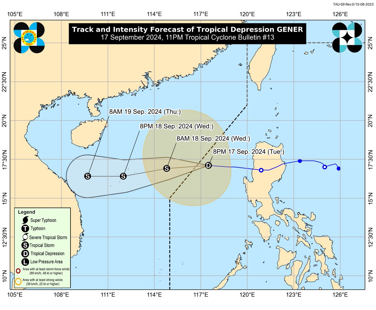 dost_pagasa's tweet image. TROPICAL CYCLONE BULLETIN NR. 13
Tropical Depression #GenerPH
Issued at 11:00 PM, 17 September 2024
Valid for broadcast until the next bulletin at 5:00 AM tomorrow.

TROPICAL DEPRESSION “GENER” MAINTAINS ITS STRENGTH AND IS ABOUT TO EXIT THE PHILIPPINE AREA OF RESPONSIBILITY…