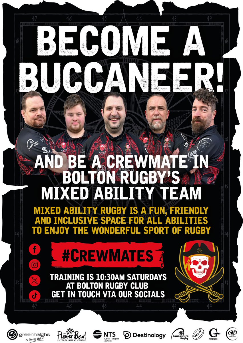 BuccaneersMA's tweet image. Please share far & wide…
We’re looking for new players of ALL abilities to join our #mixedabilityrugby team - guaranteed fun, fitness & friendship in an inclusive supportive space - training 10:30am on Saturdays at Bolton Rugby Club.
Come down on Saturday or PM us for more info.