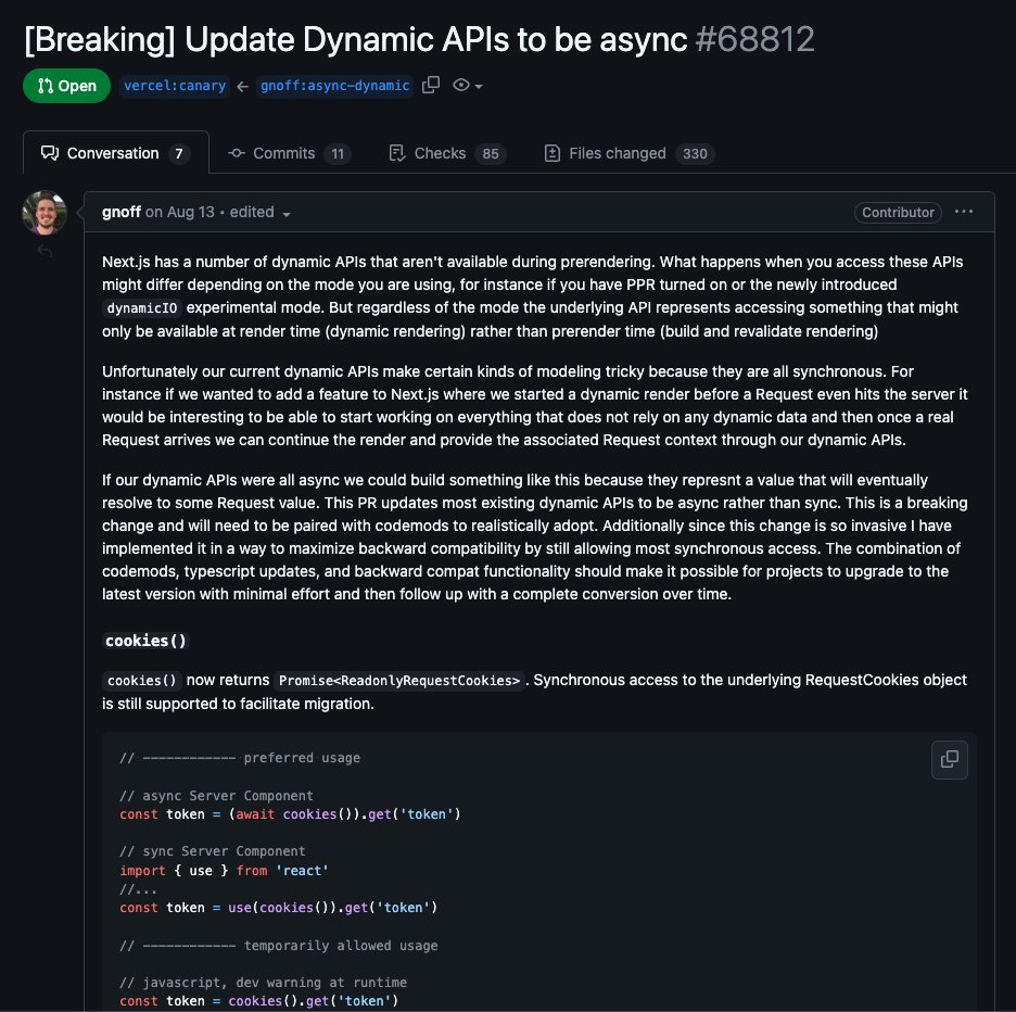 ErfanEbrahimnia's tweet image. 👀 Breaking Change: Dynamic APIs in @nextjs are becoming async
Affected APIs:
- cookies()
- headers()
- params()
- searchParams()
- draftMode()
