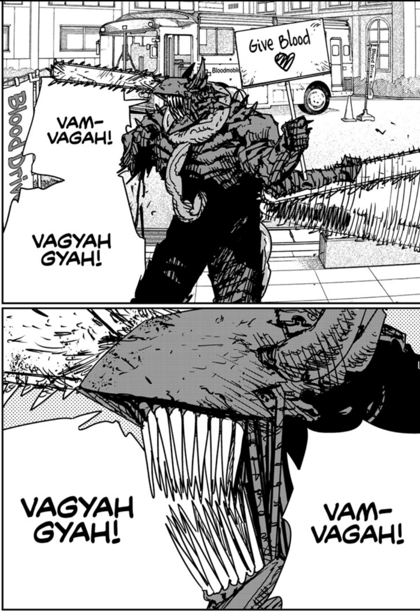 Pochita loses an arm and then instead of just eating a person to grow it back he finds a sign that says "Give Blood" and starts politely asking for it.

He is a good boy.