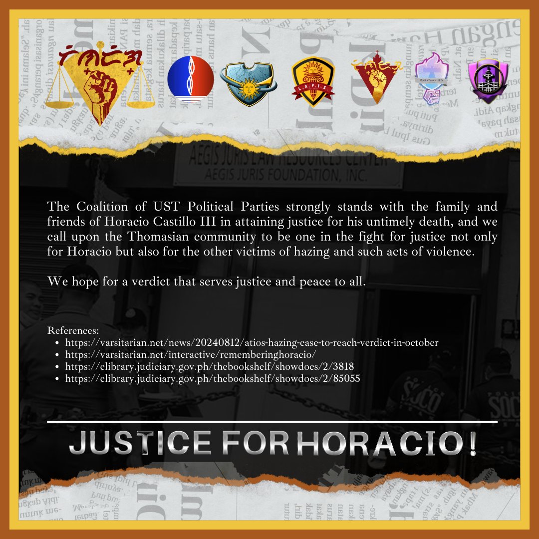 Tindig_USTAB's tweet photo. After seven years, the Manila Regional Trial Court (RTC) declared that the verdict on the suspects of the hazing slay case of Horacio "Atio" Castillo III, will be finally released on October 01, 2024 (Tuesday). https://t.co/WfyLrBcQ0n