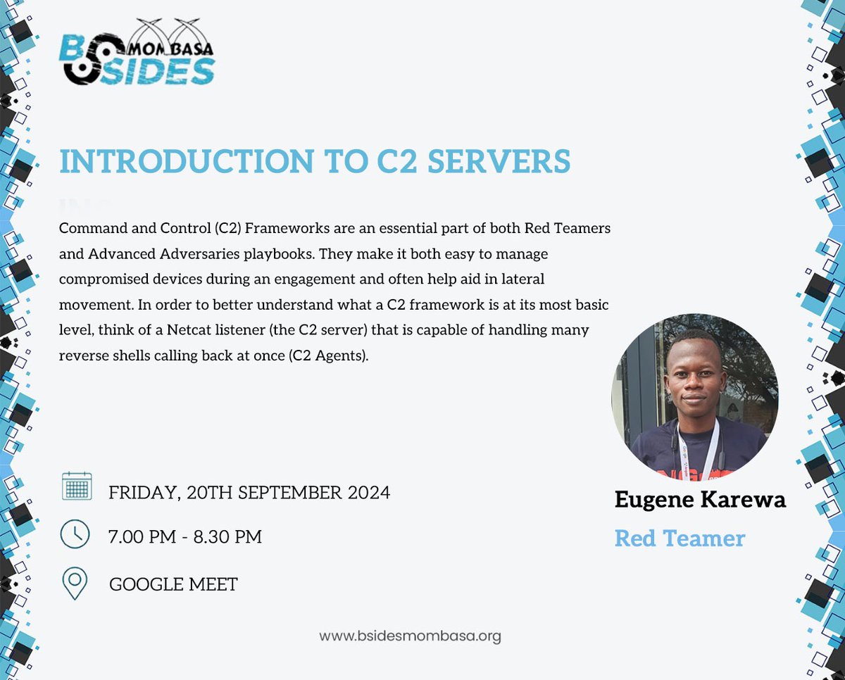 C2 Frameworks are an essential part of both Red Teamers &amp;
Advanced Adversaries playbooks. They make it both easy to manage compromised devices
during an engagement &amp; often help aid in lateral movement. Join us this Friday to learn more. 

Reg : forms.gle/bfKkAb3aPpd1Pc…