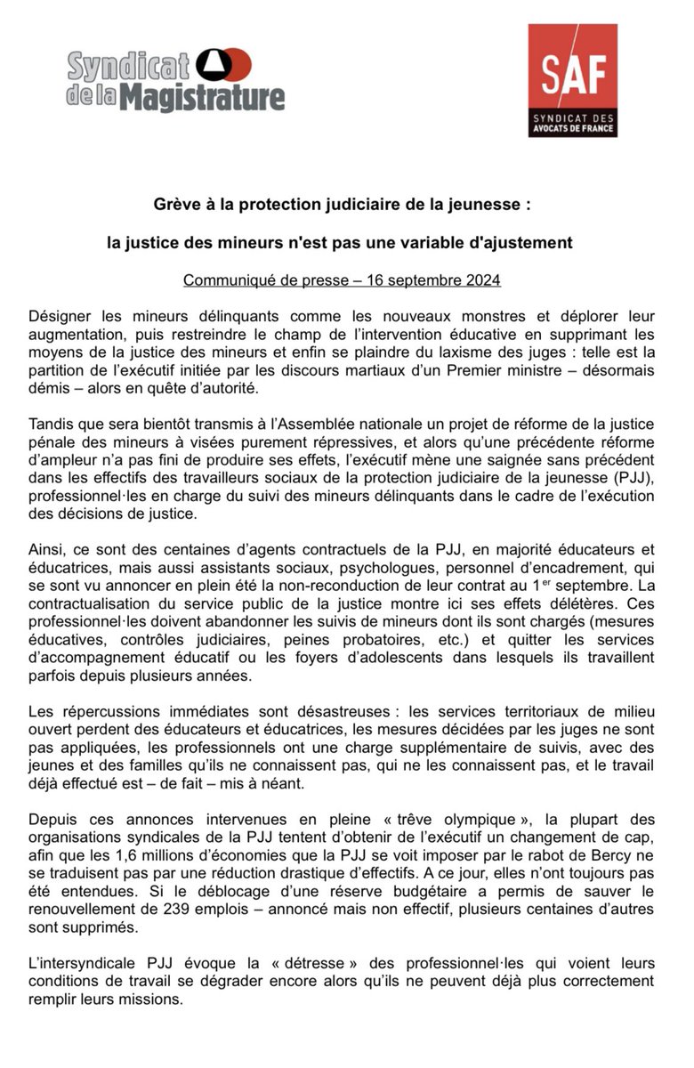 safbobigny's tweet photo. Un préavis de grève a été déposé pour l’ensemble des personnels du ministère de la justice pour le 19 septembre.
Le SAF se joindra aux rassemblements prévus pour la défense et le maintien des missions éducatives de la #PJJ #justicedesenfants #desmoyenspourléducation 
@snpespjj https://t.co/EehpbaCGsF