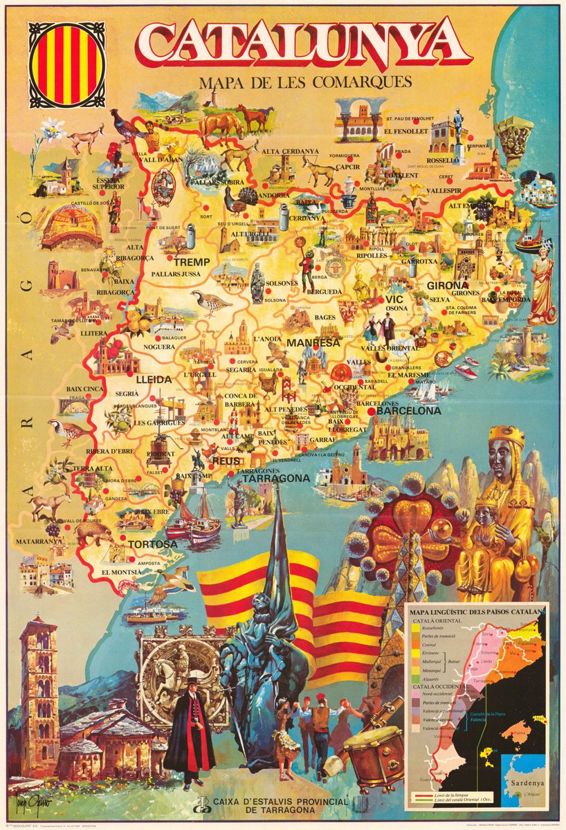 efemarq's tweet photo. De quan les caixes donaven coses: mapa de 1977 de les comarques de Catalunya, de la Caixa d'Estalvis de Tarragona. Ple de detalls culturals, artístics, arquitectònics, paisatgístics i de fauna i flora. L'autor fou el dibuixant Josep Opisso, nebot del famós Opisso. | 📷 ICGC https://t.co/GCMGU5SlJ7
