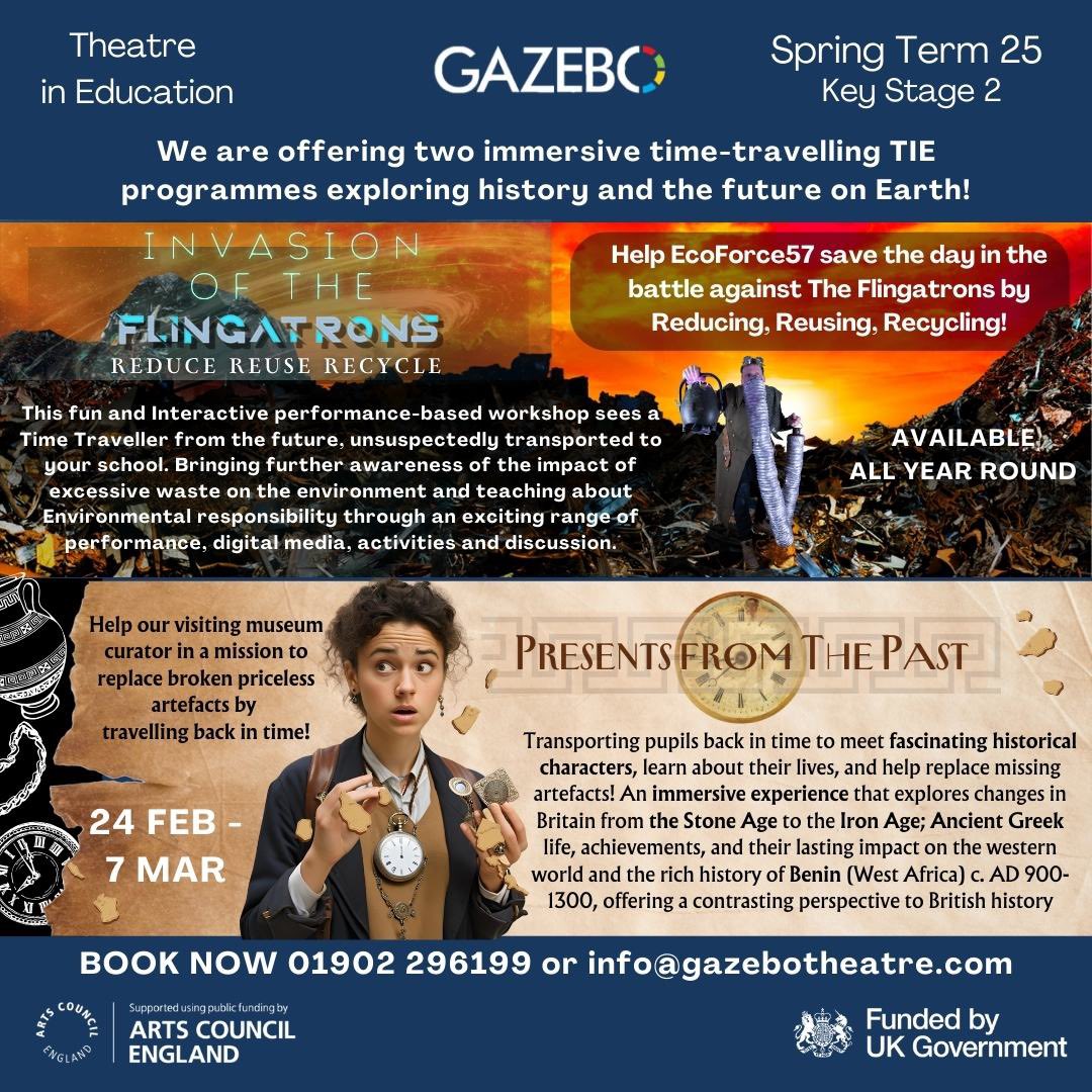 📚Our Schools programmes for Spring Term 2025! Book Now! 

We are offering these programmes for West Midlands schools- focusing on the Black Country.

Our Autumn tour booked up fast so don't miss out!

#letscreate #TIE #theatreineducation #AceFunded #Education