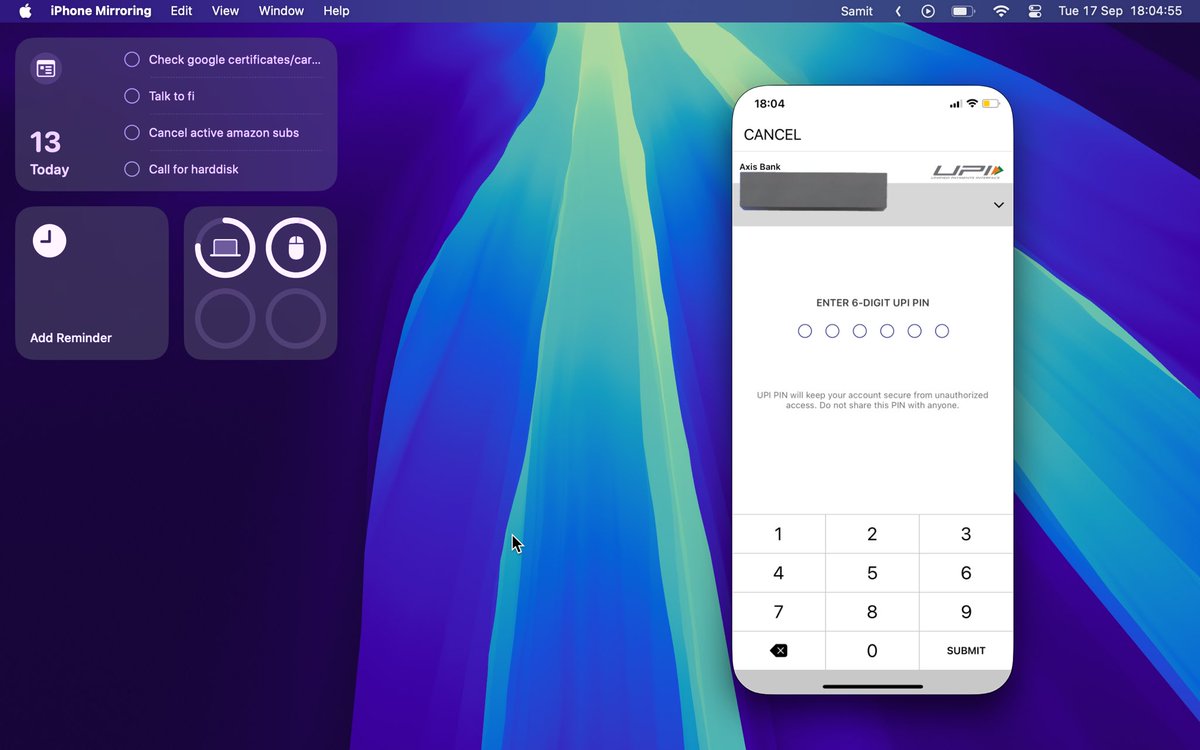 We can now do UPI payments and Bank Apps using MacOS through iPhone Mirroring 

Nice

#iOS18 #macOSSequoia