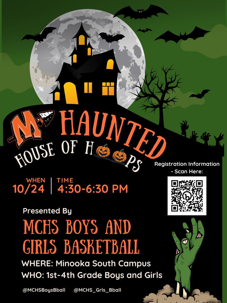 1st through 4th grade boys and girls are invited to join us for MCHS’s FREE Haunted House of Hoops! Presented by boys and girls basketball, kids will participate in the clinic and trunk or treat on October 24 from 4:30 - 6:30 p.m. at South Campus. Register with the QR code below.