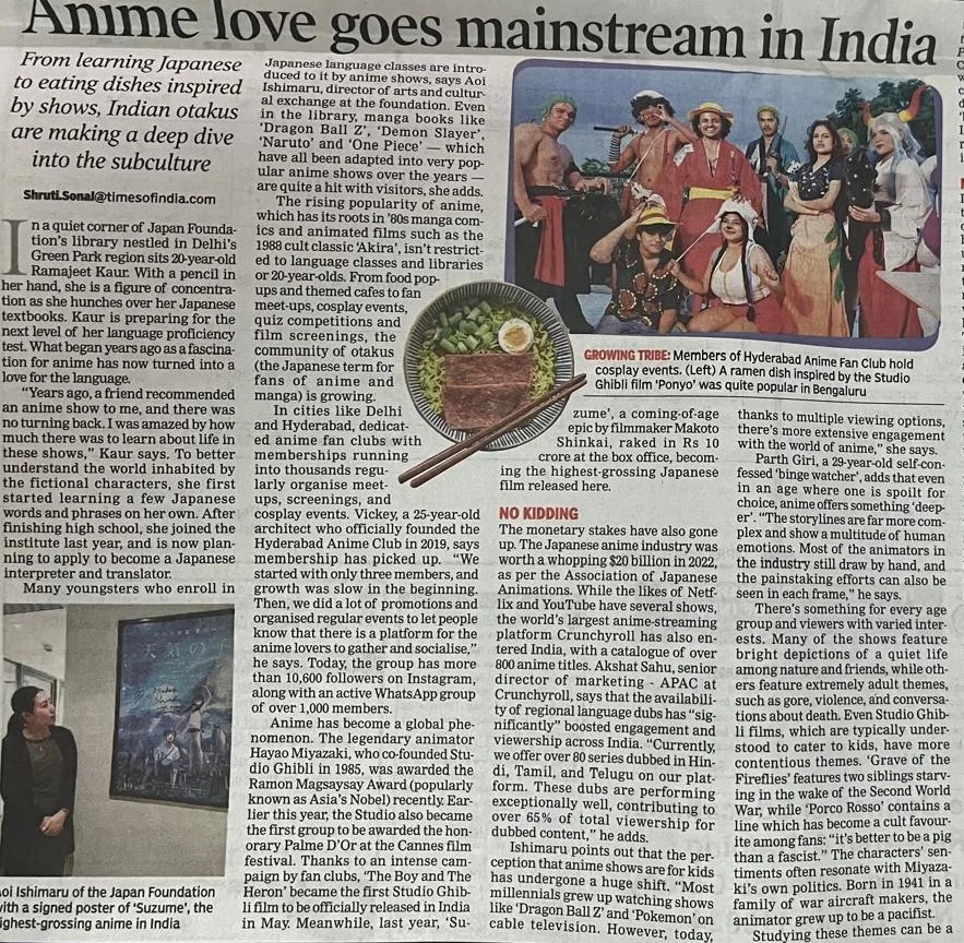 hyd_Anime_club's tweet photo. Honored to be featured in The Times of India! A huge milestone for THAC & Hyd's anime community. Special thanks to our incredible cosplayers, team, and everyone who made this possible! The future of anime shines brighter than ever! 🎉 #Thac #anime #cosplay #Newspaper https://t.co/kIvwrImJCL