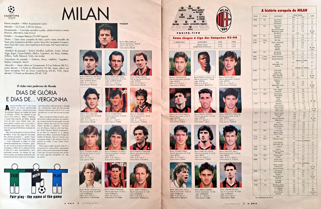 elfutboldeayer's tweet image. 🏆🔴⚫️ AC Milan Campione d&apos;Europa 93/94 (A Bola).

📸 Capello (all.), Maldini, Baresi, Costacurta, Savicević, Desailly, Donadoni, Tassotti, Boban, Albertini, Massaro, Rossi, Papin, Lentini, Simone, Panucci, Eranio, Van Basten, Filippo Galli, Brian Laudrup, De Napoli, Răducioiu...
