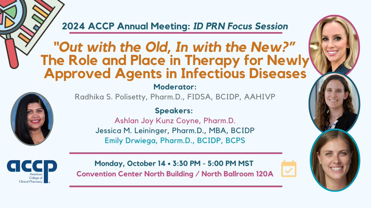 ✈️Planning your ACCP Annual Meeting Itinerary? Don't miss the #IDPRN Focus Session w/ this 🤩🌟 line-up! Agenda: new agents for MDR GN infxn, new vaccine considerations, and new antifungals! 📰
#ACCPAnnualMeeting2024
🗓️: 10/14 3:30PM-5PM MST
🏢: N. Building/N. Ballroom 120A