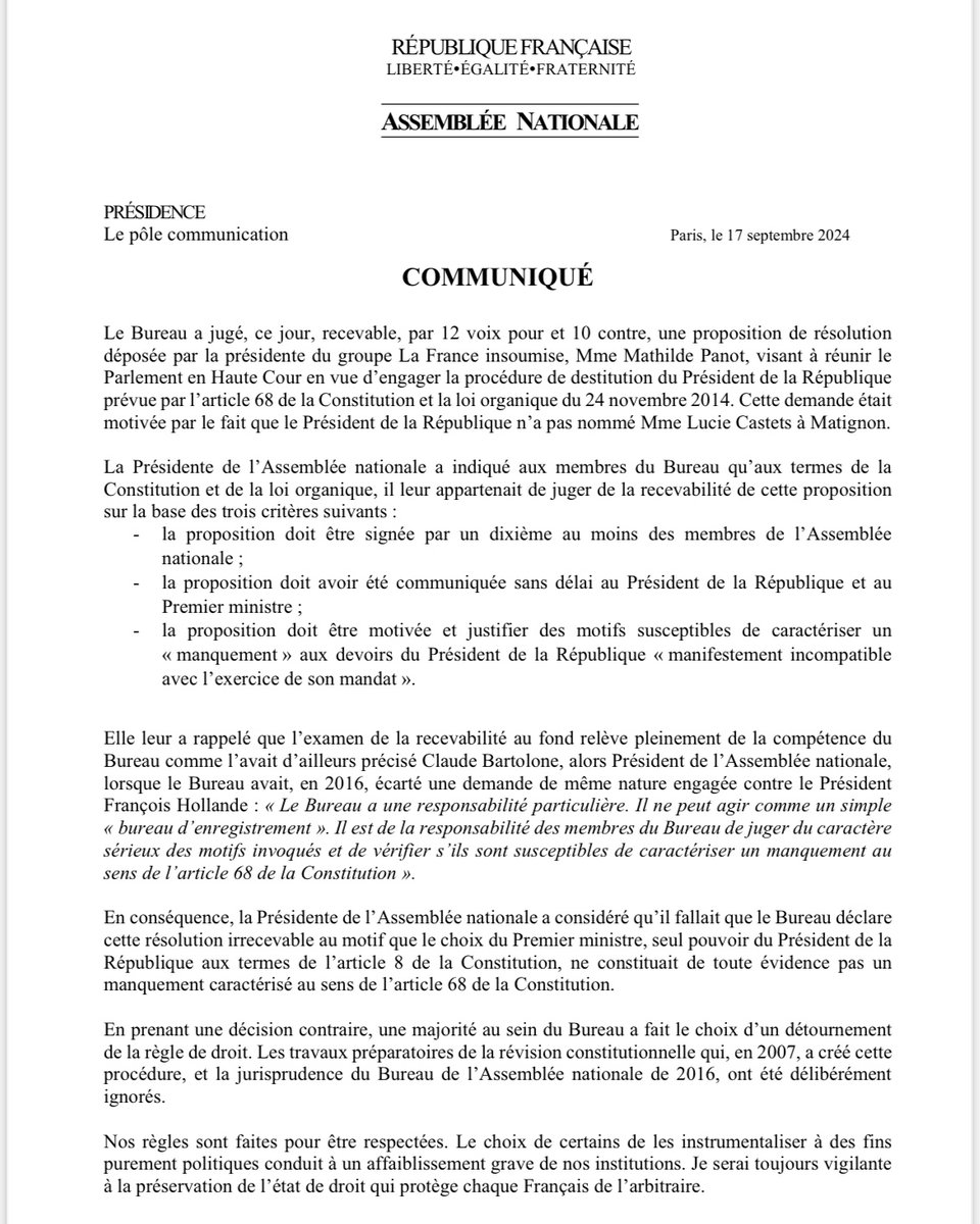 Recevabilité de la procédure de destitution d'<a href="/EmmanuelMacron/">Emmanuel Macron</a> : <a href="/YaelBRAUNPIVET/">Yaël Braun-Pivet</a> déplore "un détournement de la règle de droit". "Nos règles sont faites pour être respectées. Le choix de certains de les instrumentaliser conduit à un affaiblissement de nos institutions."
#DirectAN