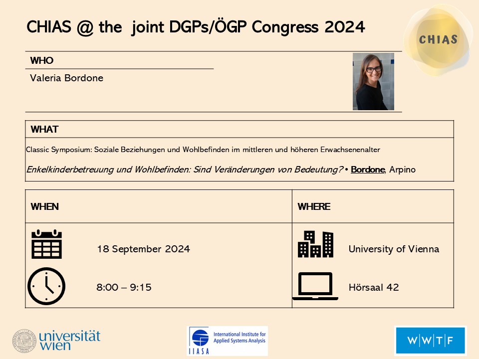 CHIAS_project's tweet photo. For early bird 🐦 German speakers @DGPs_Berlin : tomorrow our PI @ValeriaBordone will present at 8am in Hörsaal 42 @univienna on "Enkelkinderbetreuung und Wohlbefinden: Sind Veränderungen von Bedeutung?" https://t.co/9lXQQ7OWOE